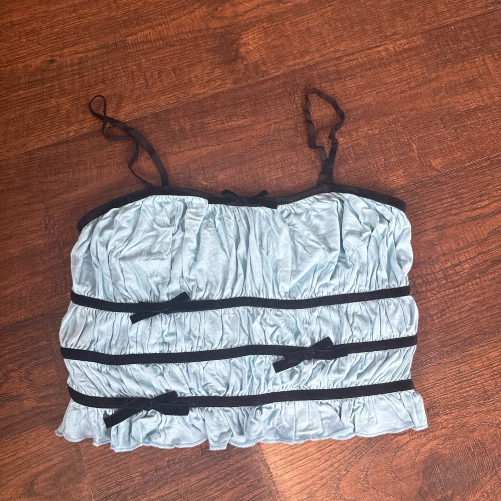 Kimchi Blue Light Blue and Black Ruffled Crop Top